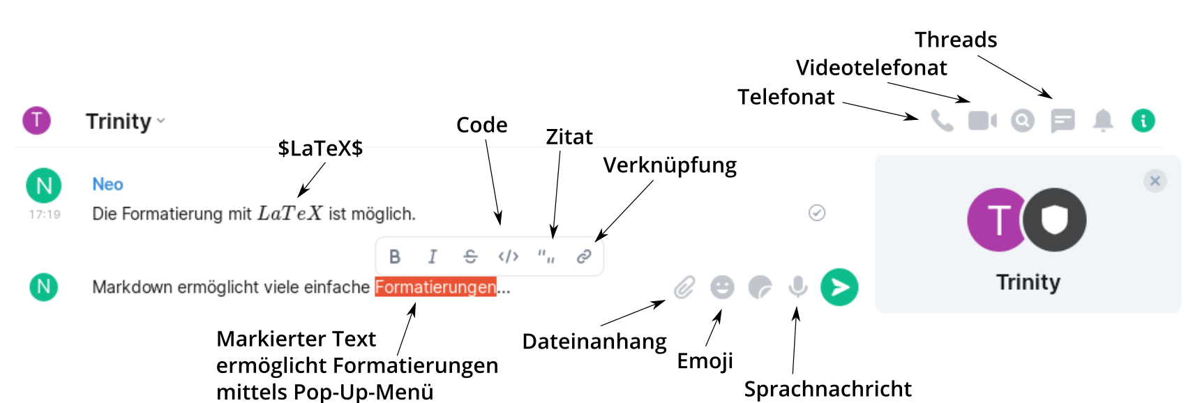 Erläuterung der Symbole in der Texteingabezeile von Element
