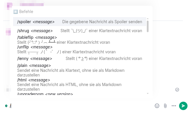 Verfügbare Slash-Befehle in Element mit Kurzbeschreibungen