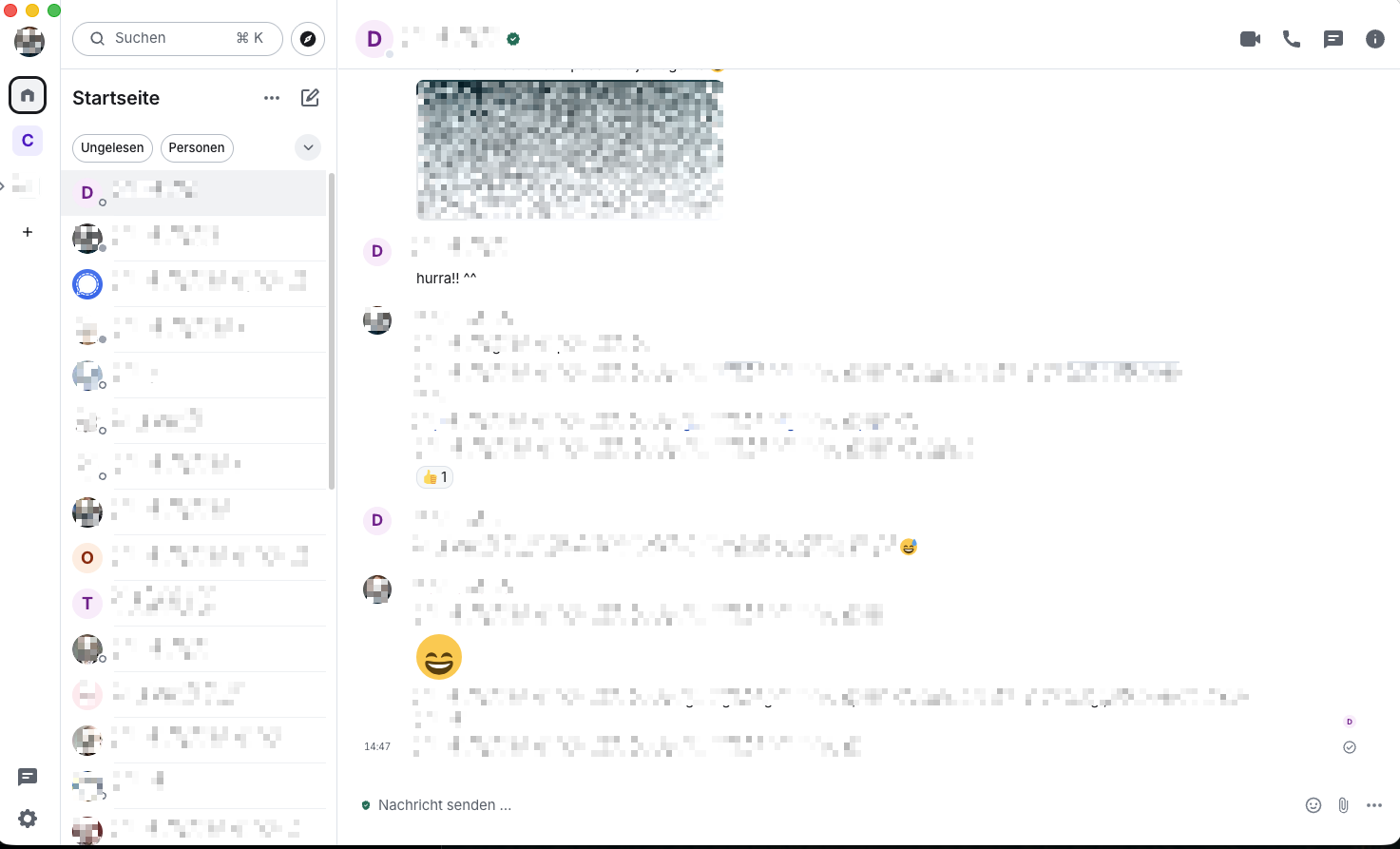 Element Desktop: Hauptfenster mit Raumliste, Nachrichtenverlauf und Seitenleiste